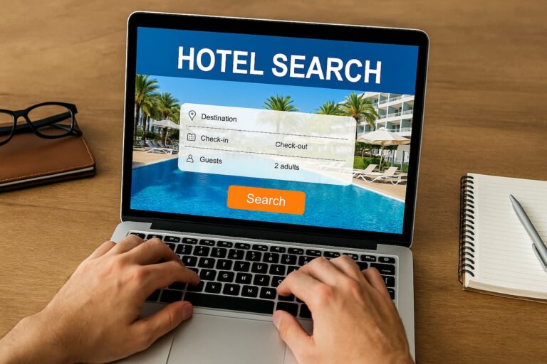 Persona usando laptop para buscar hoteles online, con pasaporte y libreta de viaje sobre la mesa.