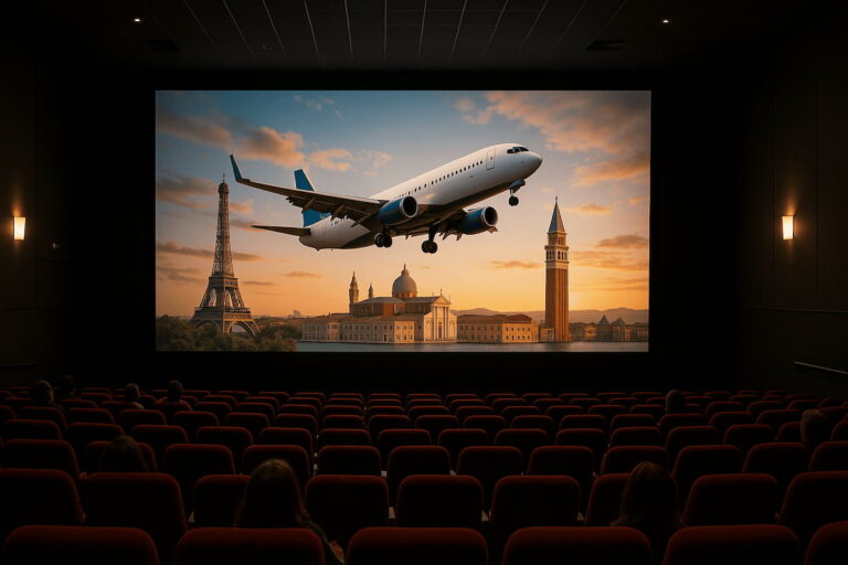 Avión despegando sobre monumentos famosos proyectado en una sala de cine.