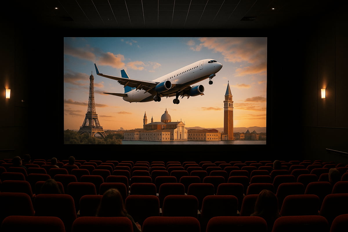 Avión despegando sobre monumentos famosos proyectado en una sala de cine.