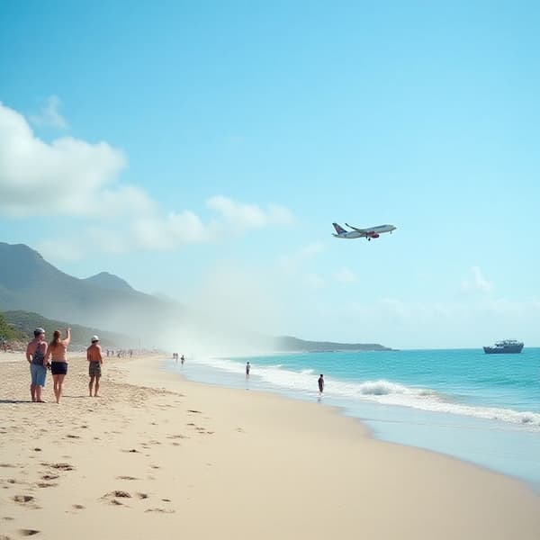 aeropuerto de saint martin. Un avion levanta arena y los turistas miran de cerca