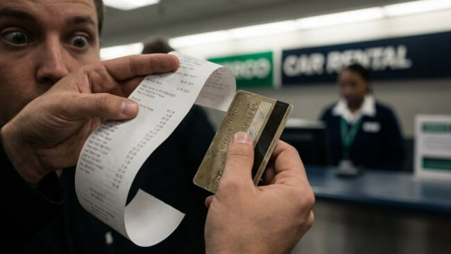 Cliente revisando cargos inesperados en el ticket y la tarjeta de crédito al devolver un auto de alquiler.