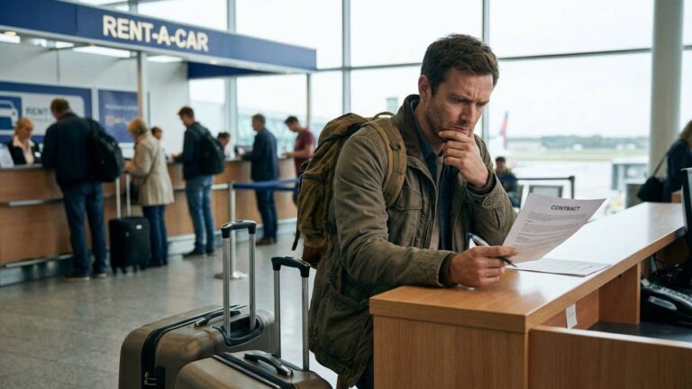 Viajero revisando el contrato al alquilar un auto en el aeropuerto antes de firmar para evitar cargos ocultos.
