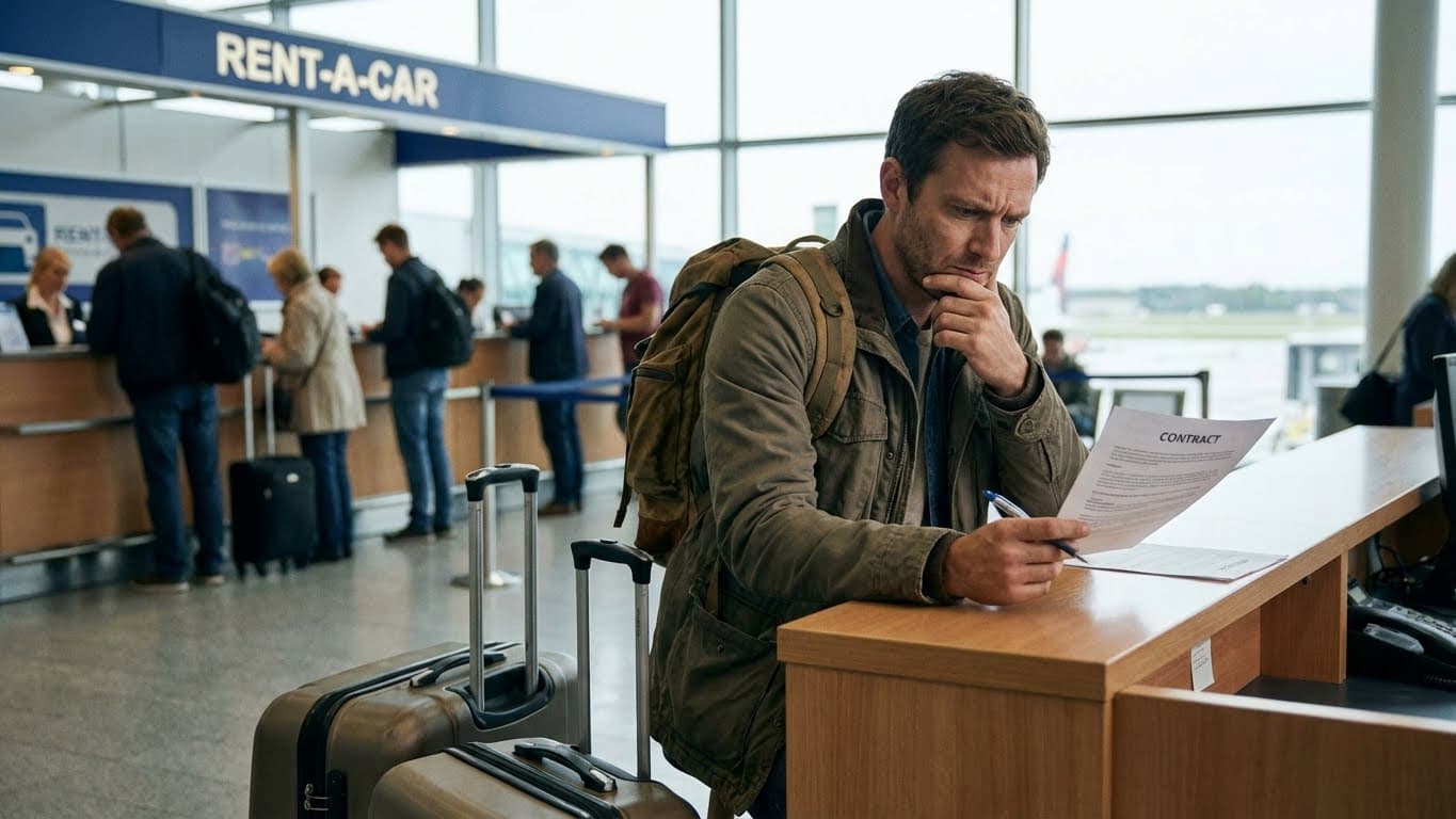 Viajero revisando el contrato al alquilar un auto en el aeropuerto antes de firmar para evitar cargos ocultos.
