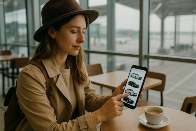 Viajera comparando precios y modelos de autos de alquiler desde el celular antes de reservar.
