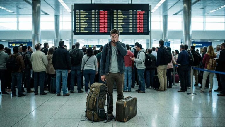 Viajero estresado en el aeropuerto frente a una pantalla con vuelos cancelados y retrasos.