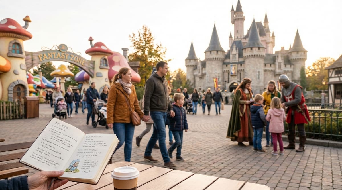 Familias recorriendo un parque temático europeo con castillo medieval y zona infantil Fantasy Zone.