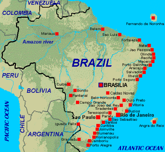 Mapa de Brasil con ciudades y playas cercanas a Argentina para viajar en auto