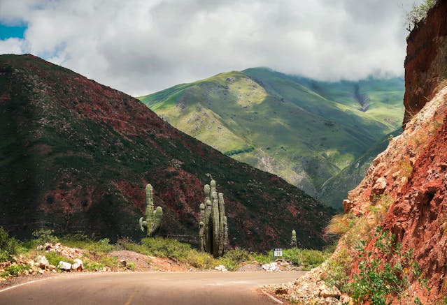 Ruta del Artesano en los Valles Calchaquíes, Salta y Tucumán | Paraviajarporelmundo.com Paisaje de los Valles Calchaquíes con montañas coloridas, cactus y camino de la Ruta del Artesano.