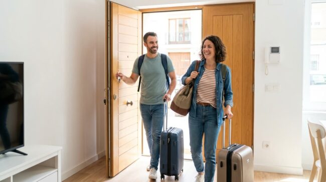 huéspedes llegando a un departamento de airbnb con valijas