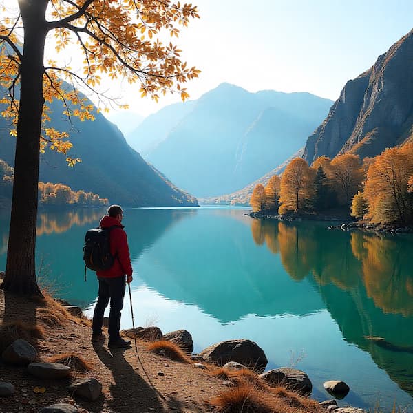 caminante en los lagos de covadonga en otoño