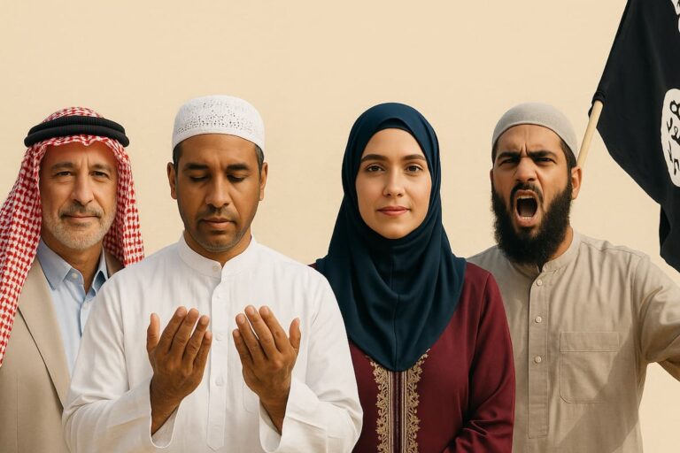 Representación visual de la diversidad entre árabe, musulmán, islámico e islamista en una composición conceptual.