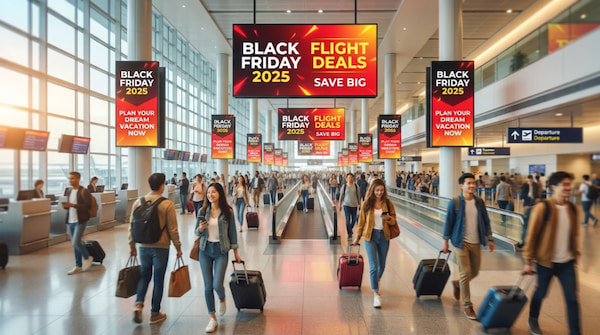 Ofertas de vuelos por Black Friday 2025. Viajeros en un aeropuerto viendo anuncios de ofertas de vuelos por Black Friday 2025.