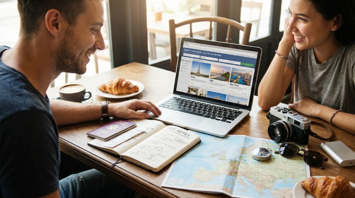 Pareja planificando un viaje en una cafetería mientras buscan ofertas de vuelos y hoteles en una laptop.