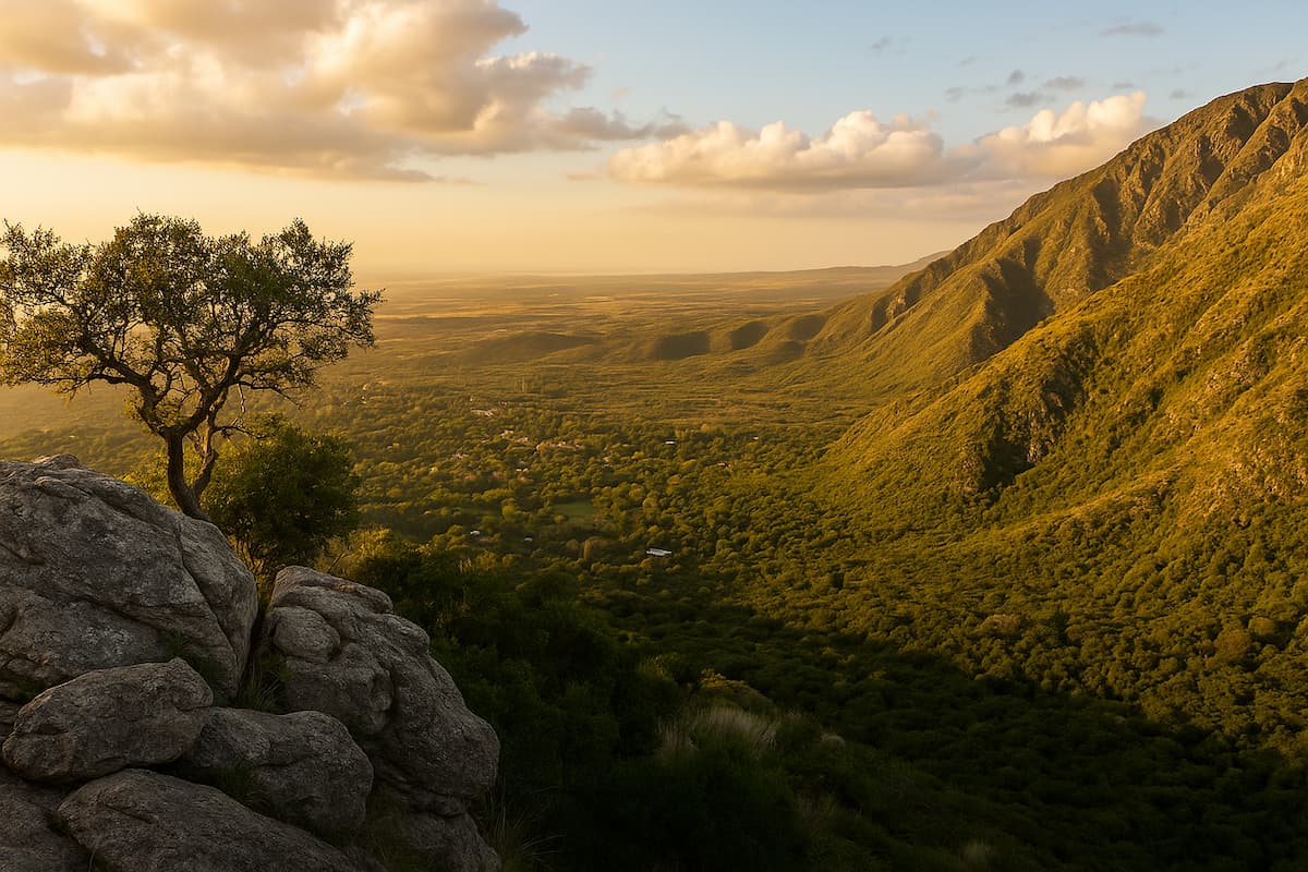 Vista panorámica del valle desde el mirador del Filo de los Comechingones en Merlo, San Luis, con montañas verdes y luz dorada del atardecer.