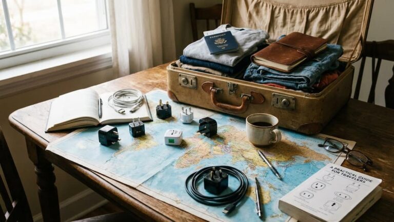 Mesa de viaje con adaptadores de enchufes internacionales, mapa y maleta abierta para ilustrar una guía sobre electricidad en el mundo.