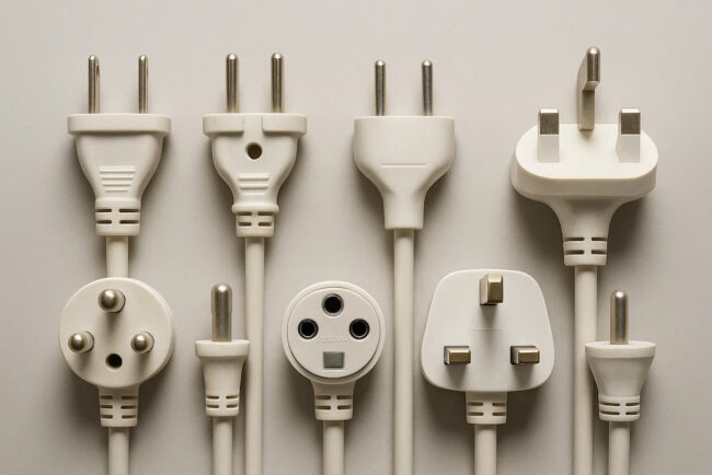 Diferentes tipos de enchufes internacionales alineados sobre un fondo neutro.
