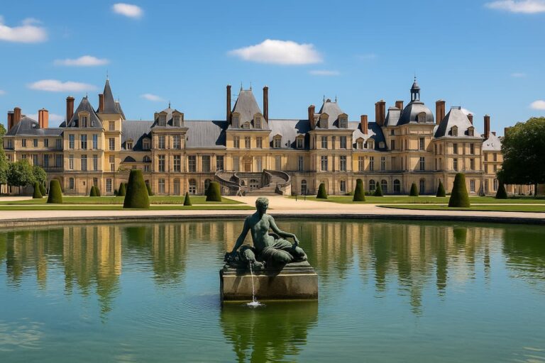 Vista panorámica del Palacio de Fontainebleau, rodeado de jardines franceses y reflejado en un lago tranquilo en Francia