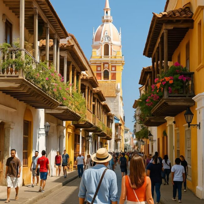 Vista panorámica de Cartagena de Indias con la Torre del Reloj, las murallas coloniales y el mar Caribe al fondo, en un día soleado.