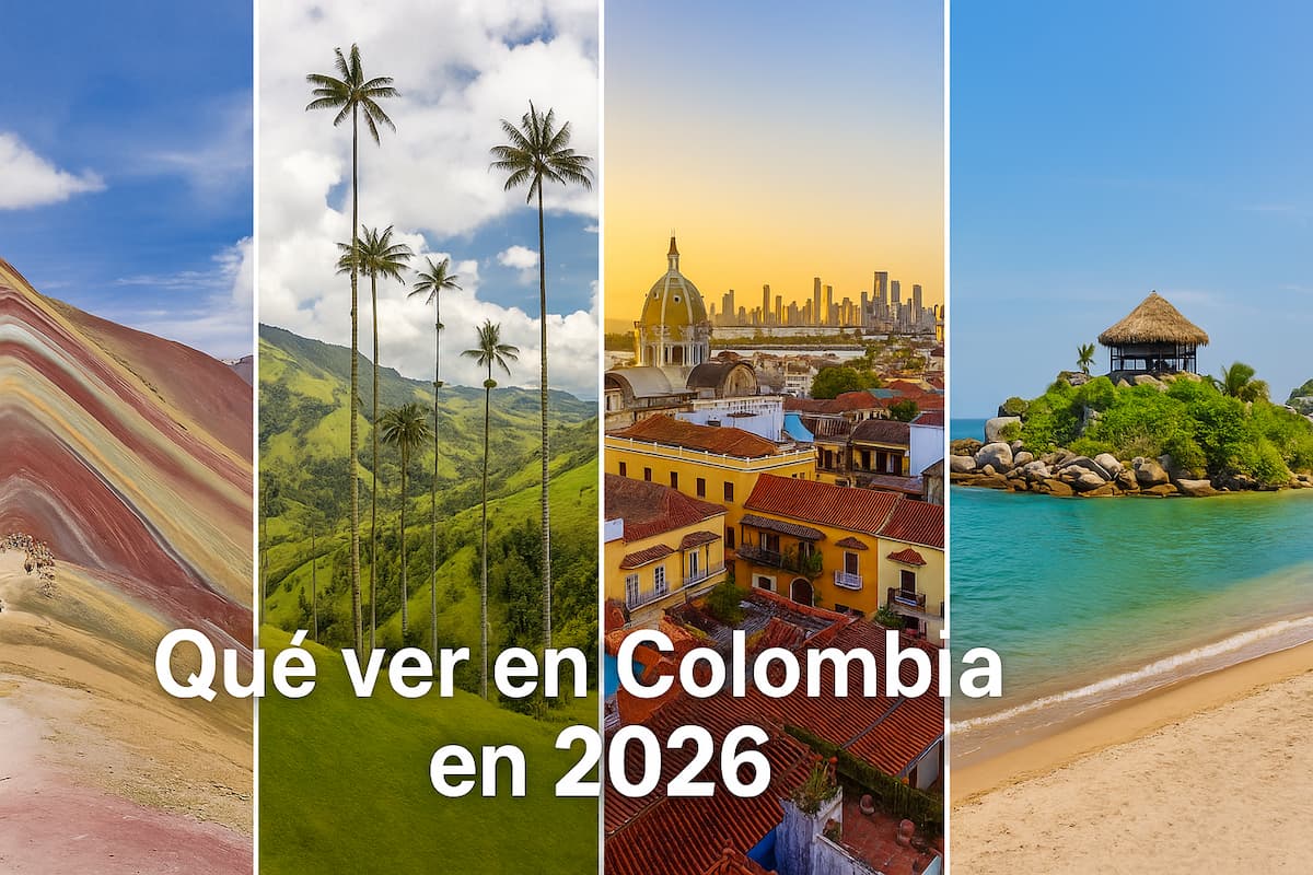 Paisaje representativo de Colombia con montañas andinas, playas del Caribe, pueblos coloniales y naturaleza tropical, ideal para mostrar los principales destinos turísticos del país.