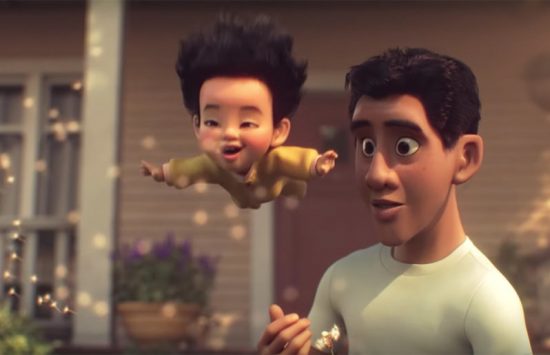 Escena del corto animado de Disney sobre concientización del autismo, mostrando a un padre con su hijo en un momento emotivo.