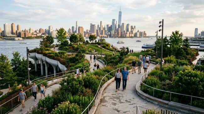 Senderos y jardines de Little Island con vistas al skyline de Nueva York