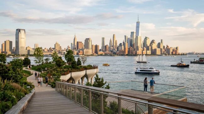 Mirador de Little Island con vistas al río Hudson y skyline de Manhattan
