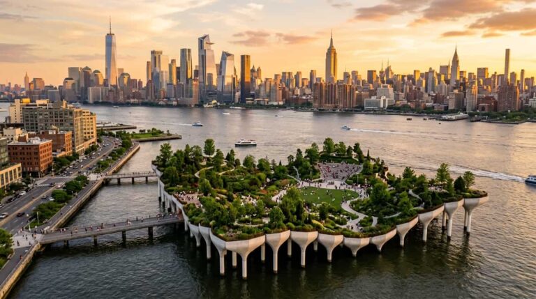 Little Island en Nueva York con vistas al skyline de Manhattan al atardecer