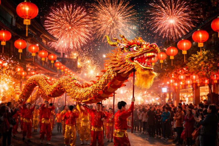 Celebraci&oacute;n del A&ntilde;o Nuevo chino con danza del drag&oacute;n, faroles rojos y fuegos artificiales durante el Festival de Primavera
