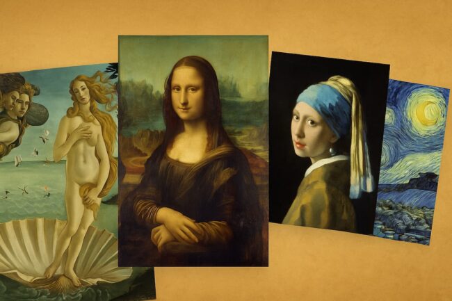 Collage artístico con representaciones de pinturas icónicas del mundo, como La Mona Lisa, La Noche Estrellada y El Grito, en un estilo ilustrativo y colorido.