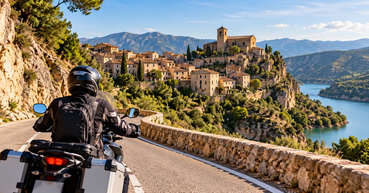 Motociclista recorriendo una carretera de montaña junto a un pueblo de piedra, una de las rutas en moto por los pueblos más lindos de España.