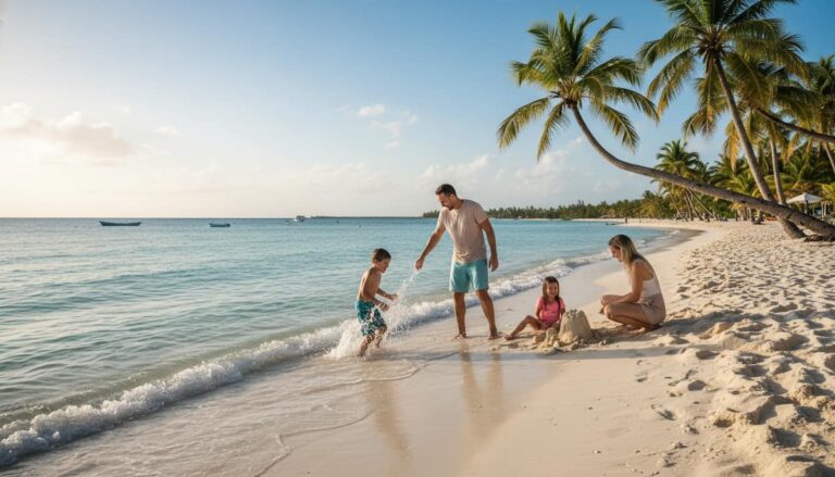 Familia jugando en la playa de Punta Cana durante unas vacaciones con niños.