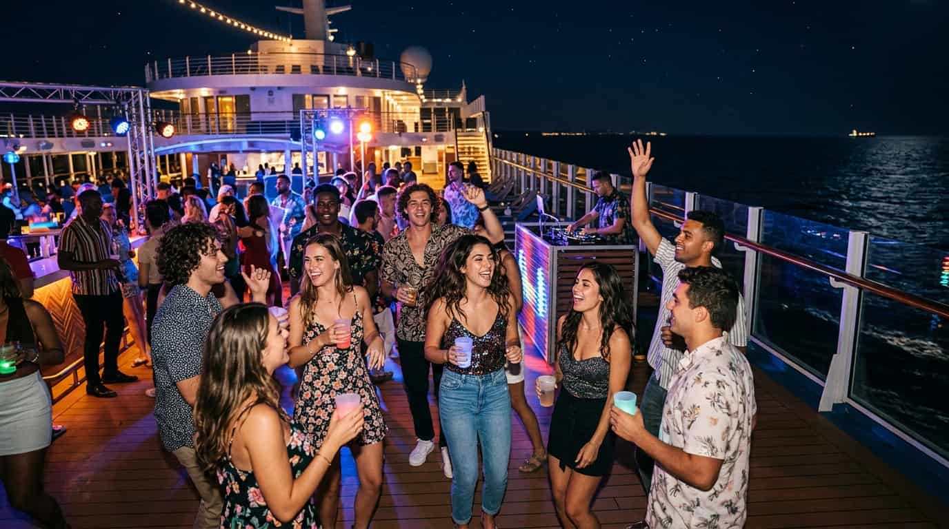 grupo de jóvenes disfrutando una fiesta en un crucero de noche