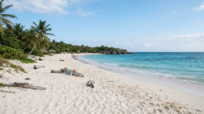 Playa paradisíaca de arena blanca y mar turquesa, ideal para quienes buscan playas nudistas tranquilas en el mundo