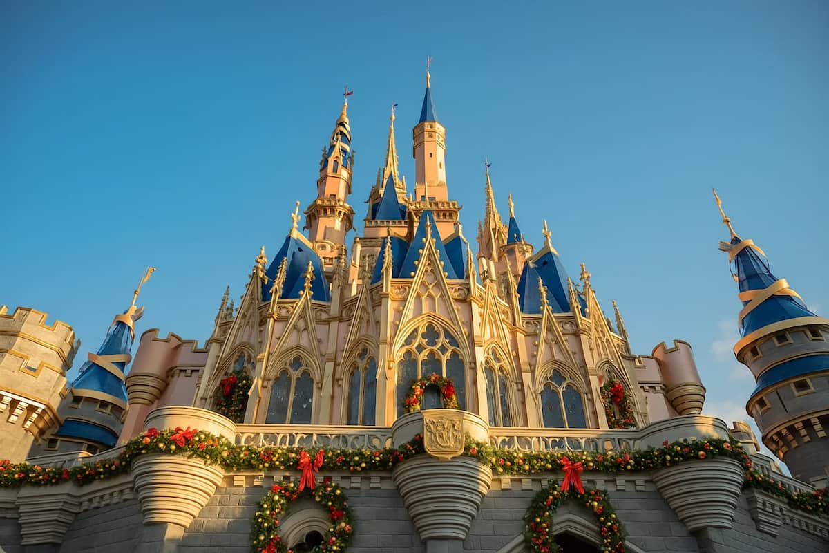 Castillo de Disney en Orlando decorado con guirnaldas y luces navideñas al atardecer.