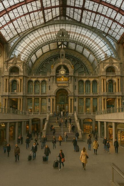 Interior de la estación central de Amberes en Bélgica, con su cúpula de vidrio, fachada de piedra y reloj central.