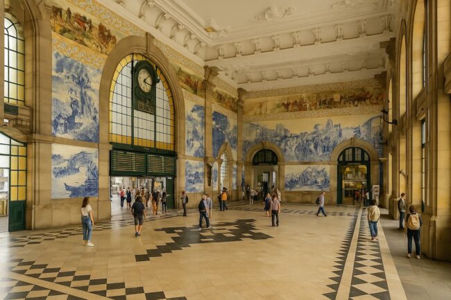 Interior de la estación de São Bento en Oporto, con paredes cubiertas de azulejos azules y viajeros.