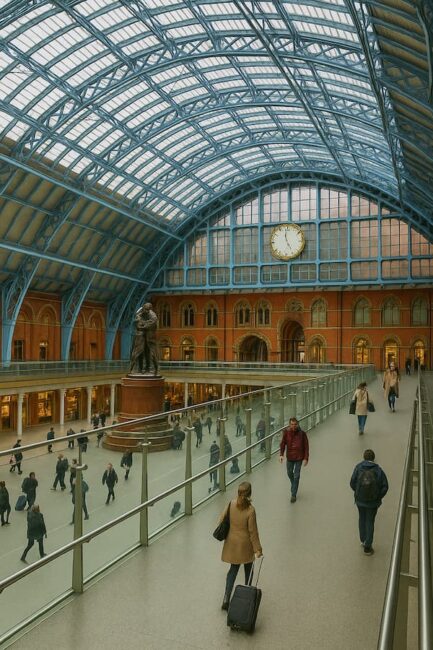 Interior de la estación St. Pancras International en Londres, con su techo de acero y vidrio, reloj central y viajeros caminando.