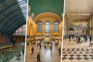 Collage de las estaciones de tren más lindas del mundo en 2025: St. Pancras, Grand Central y São Bento.