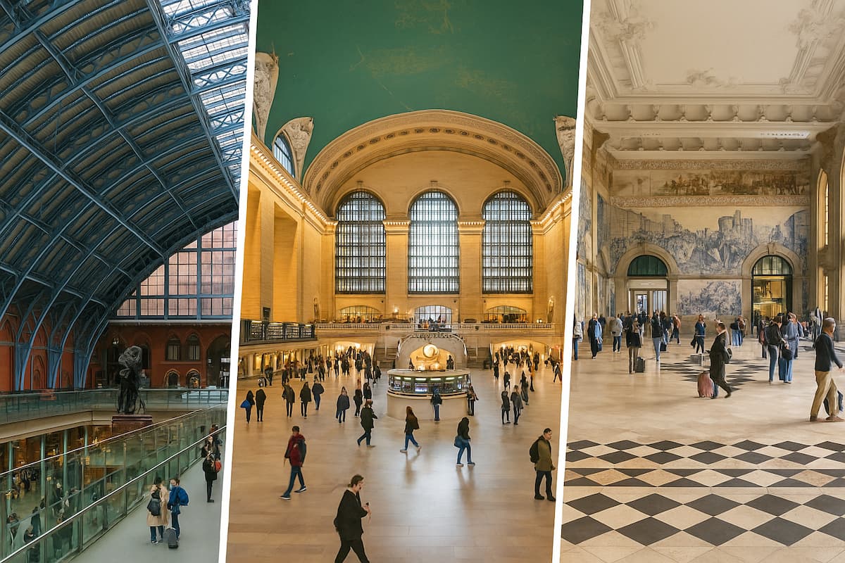 Collage de las estaciones de tren más lindas del mundo en 2025: St. Pancras, Grand Central y São Bento.