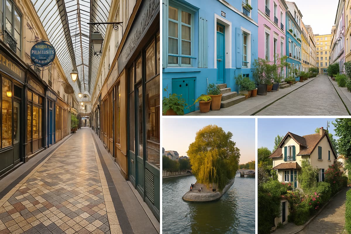 Collage de rincones secretos de París con calles antiguas, jardines escondidos, pasajes cubiertos y terrazas con encanto.