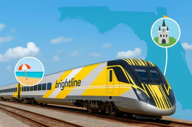 Tren Brightline con ilustraciones de playa y castillo sobre el mapa de Florida