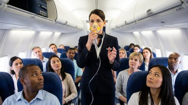 Azafata explicando el uso de la máscara de oxígeno durante la demostración de seguridad en un avión.