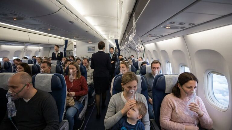 Pasajeros usando máscaras de oxígeno en la cabina de un avión durante una despresurización.