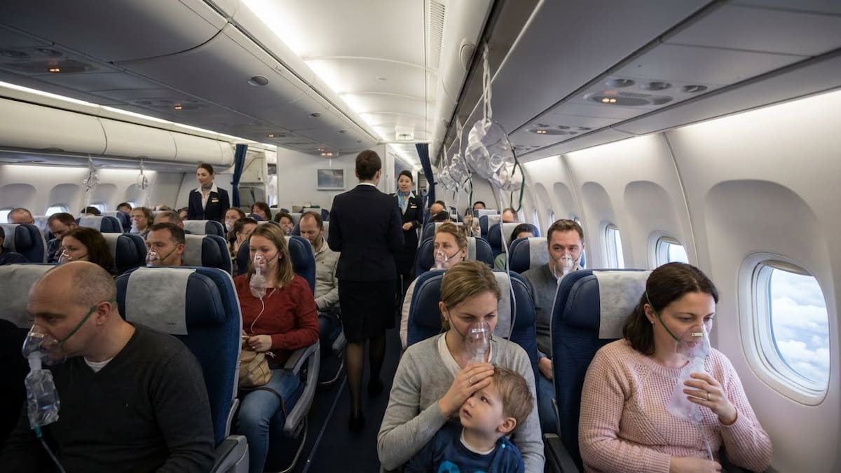Pasajeros usando máscaras de oxígeno en la cabina de un avión durante una despresurización.