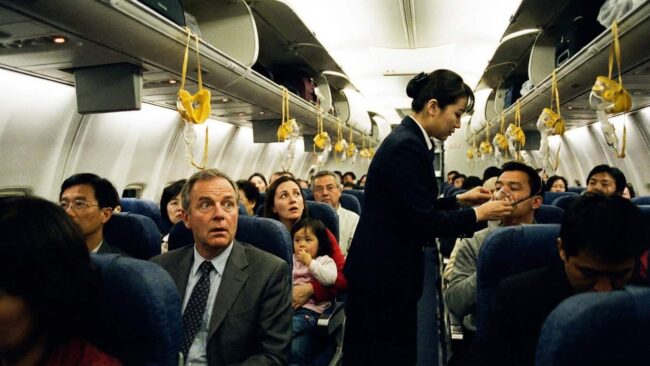 Qué hacer si se despresuriza la cabina de un avión (procedimientos de seguridad) Tripulación asistiendo a pasajeros con máscaras de oxígeno tras una despresurización en un avión.