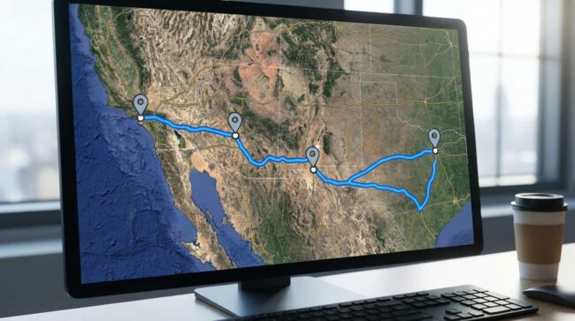 Mapa de ruta en carro de Texas a California con recorrido y paradas principales