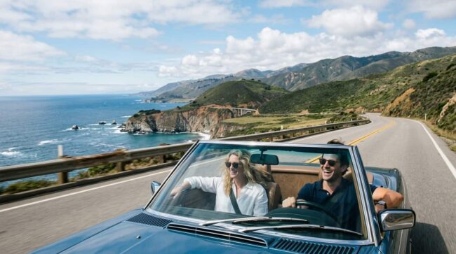 Pareja viajando en auto descapotable por una ruta costera durante un viaje internacional en auto alquilado