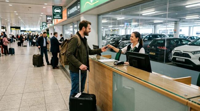 Viajero retirando las llaves de un auto alquilado en el mostrador de una empresa de alquiler de autos en el aeropuerto