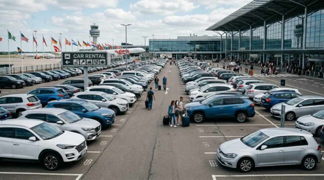 Estacionamiento de autos de alquiler en el aeropuerto con viajeros retirando vehículos