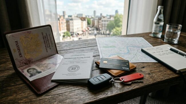 Pasaporte, permiso internacional de conducir y llaves de auto sobre una mesa durante la planificación de un viaje